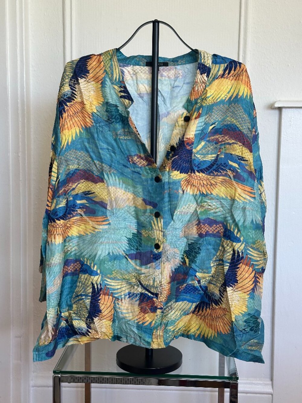 Dressori Silk Blend Blouse 3X | Crane Print Art Top Blue Gold